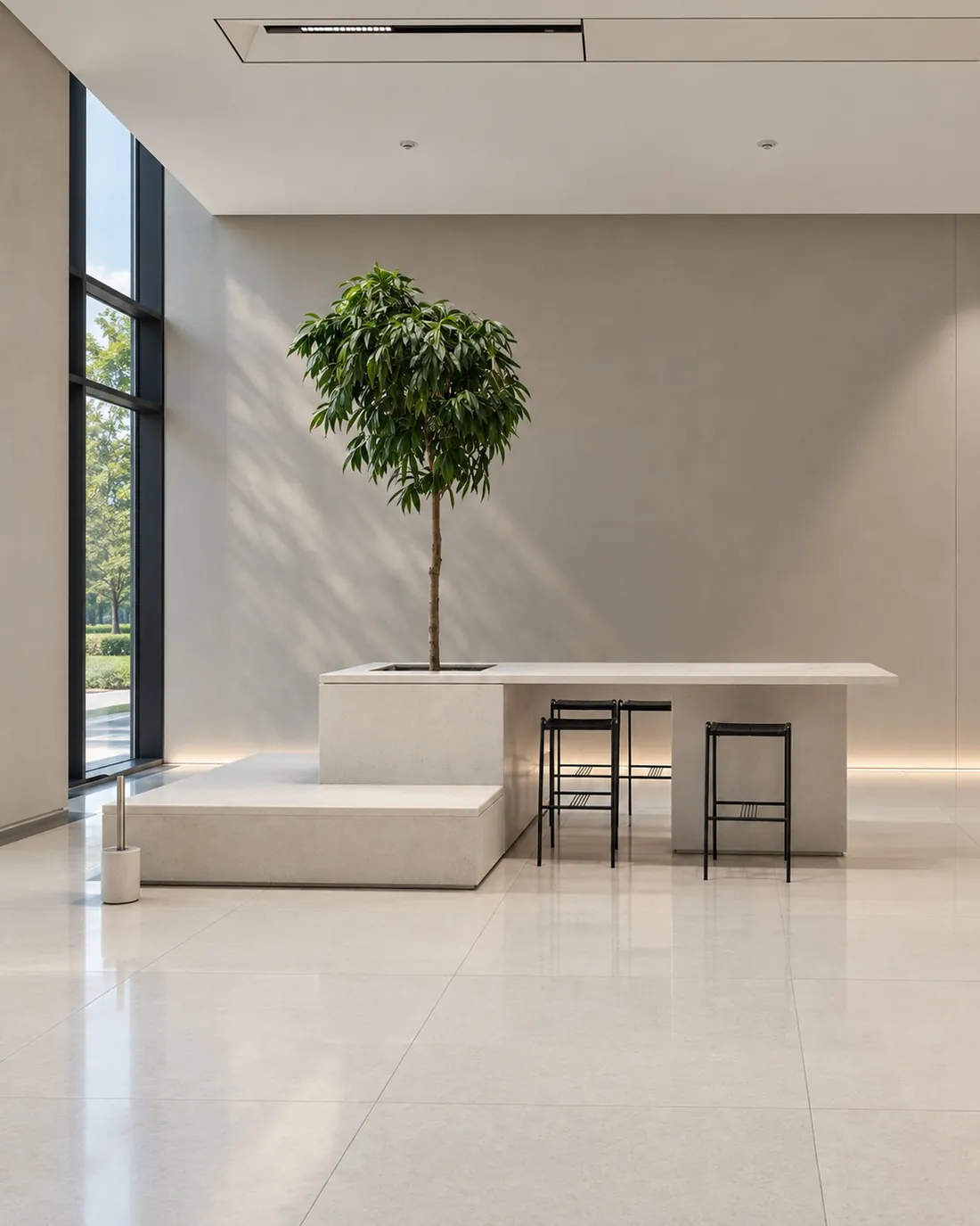 Coffee point with a planter, a tree and bar stools