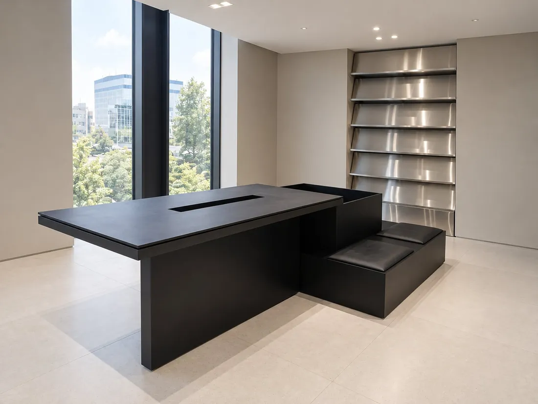 Black communal table with integrated seating and a stainless steel press shelving wall