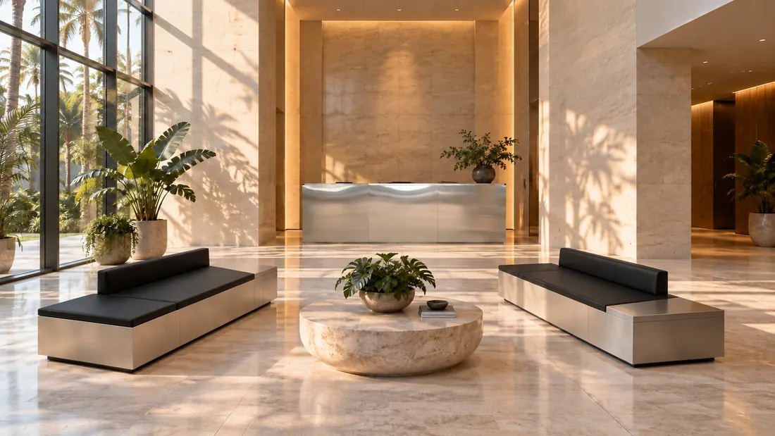 Hotel lobby with stainless steel benches and reception desk
