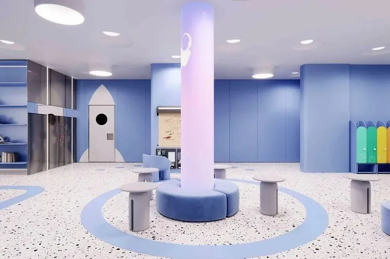 Blue hall with a round upholstered seat around a column