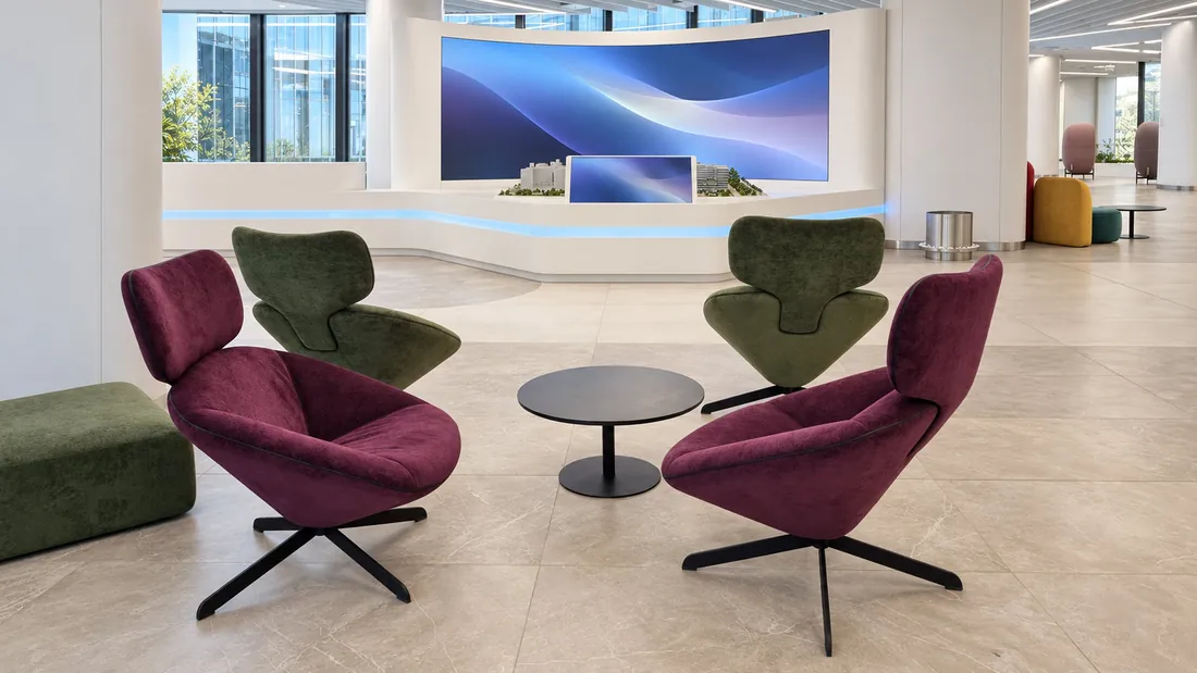 University lounge with upholstered armchairs
